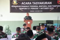 Foto: Dandenpom V/1 Madiun, Letkol CPM Juni S. Kurniawan, memberikan sambutan dalam acara tasyakuran kenaikan pangkat perwira, bintara, dan tamtama periode 1 Oktober 2025 di Madenpom V/1 Madiun, Selasa (7/10/2025).