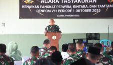 Foto: Dandenpom V/1 Madiun, Letkol CPM Juni S. Kurniawan, memberikan sambutan dalam acara tasyakuran kenaikan pangkat perwira, bintara, dan tamtama periode 1 Oktober 2025 di Madenpom V/1 Madiun, Selasa (7/10/2025).