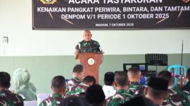 Foto: Dandenpom V/1 Madiun, Letkol CPM Juni S. Kurniawan, memberikan sambutan dalam acara tasyakuran kenaikan pangkat perwira, bintara, dan tamtama periode 1 Oktober 2025 di Madenpom V/1 Madiun, Selasa (7/10/2025).