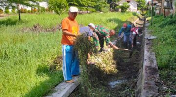 Foto: Babinsa Kelurahan Kampungdalem, Sertu Tugimin bersama warga bergotong royong membersihkan saluran air dari sampah dan rumput liar di Kecamatan Tulungagung, Sabtu (11/10/2025). 