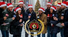 Foto: Wartawan mengenakan atribut Natal berpose bersama dengan latar suasana perayaan Natal, menggambarkan semangat kebersamaan dan sukacita jelang Natal Bersama Wartawan Kristiani yang akan digelar oleh PWI Pusat di Jakarta.