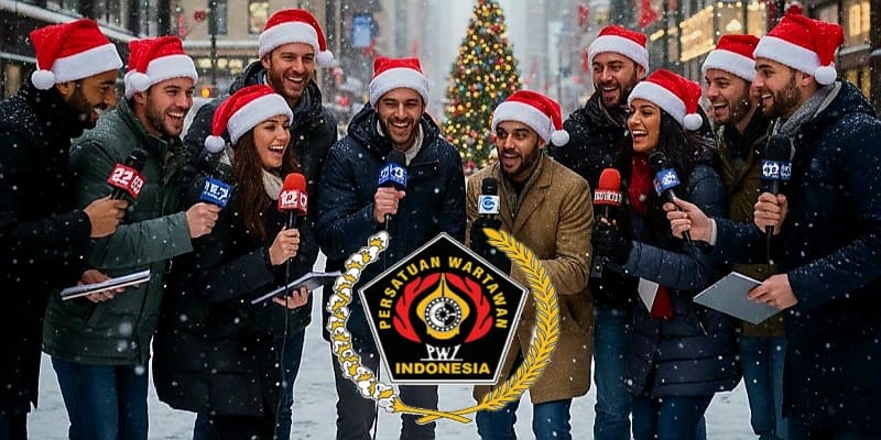 Foto: Wartawan mengenakan atribut Natal berpose bersama dengan latar suasana perayaan Natal, menggambarkan semangat kebersamaan dan sukacita jelang Natal Bersama Wartawan Kristiani yang akan digelar oleh PWI Pusat di Jakarta.