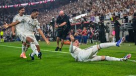 Foto: Pemain Real Madrid merayakan gol kemenangan saat menundukkan Atletico Madrid 2-1 pada laga semifinal Supercopa de Espana 2026