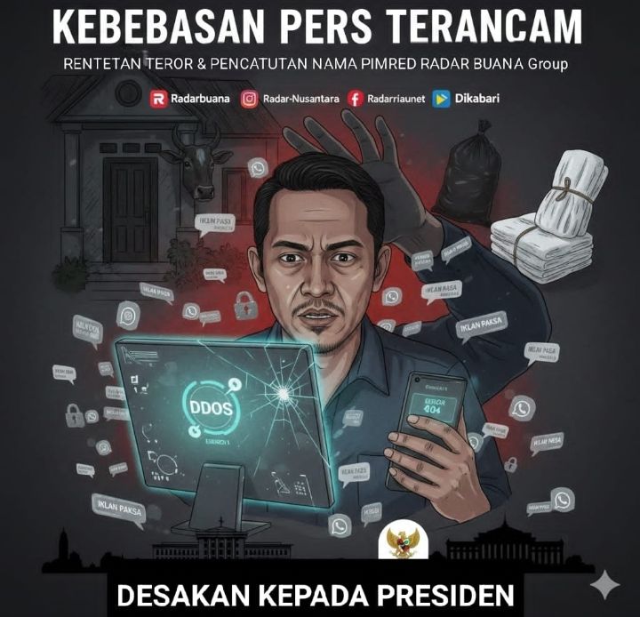 Foto: Ilustrasi kebebasan Pers terancam & Rentetan teror kepada pimpinan redaksi Radarbuana Group, Amigo Budi H. (Dok-Radarbuana Group)