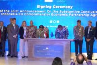 Pemerintah Indonesia dan Uni Eropa menandatangani Joint Announcement sebagai bentuk komitmen bersama untuk terus memperkuat dialog dan kerja sama ekonomi, khususnya di bidang sertifikasi halal dan fasilitasi perdagangan.