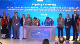 Pemerintah Indonesia dan Uni Eropa menandatangani Joint Announcement sebagai bentuk komitmen bersama untuk terus memperkuat dialog dan kerja sama ekonomi, khususnya di bidang sertifikasi halal dan fasilitasi perdagangan.