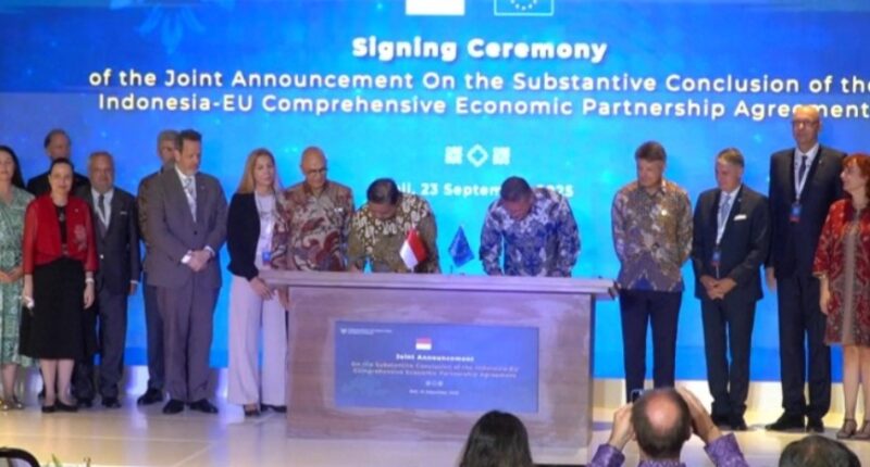 Pemerintah Indonesia dan Uni Eropa menandatangani Joint Announcement sebagai bentuk komitmen bersama untuk terus memperkuat dialog dan kerja sama ekonomi, khususnya di bidang sertifikasi halal dan fasilitasi perdagangan.