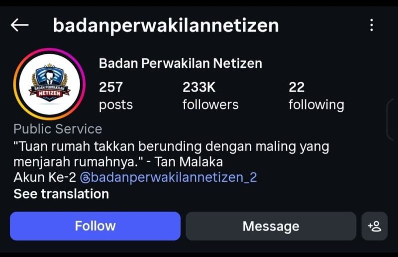 Foto: Tampilan akun Instagram @badanperwakilannetizen yang memiliki lebih dari 233 ribu pengikut menjadi sorotan publik di tengah polemik konten viral yang diklaim sebagai produk pers.