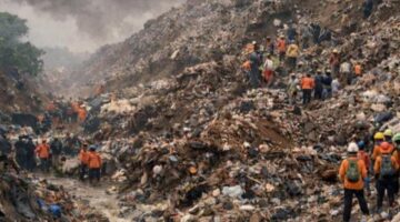 Foto: Petugas gabungan melakukan proses evakuasi di lokasi longsor gunungan sampah di Tempat Pengolahan Sampah Terpadu (TPST) Bantargebang, Bekasi, 