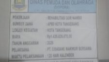 Foto: Papan informasi proyek Rehabilitasi GOR Nambo Jaya di Kota Tangerang yang dikelola Dinas Pemuda dan Olahraga (Dispora) dengan nilai anggaran Rp1,4 miliar menjadi sorotan.