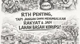 Foto: Ilustrasi kritik sosial terhadap pembangunan Ruang Terbuka Hijau (RTH) di Jakarta yang dinilai kerap mengorbankan warga melalui penggusuran paksa serta rawan disusupi praktik korupsi dalam pengadaan lahan
