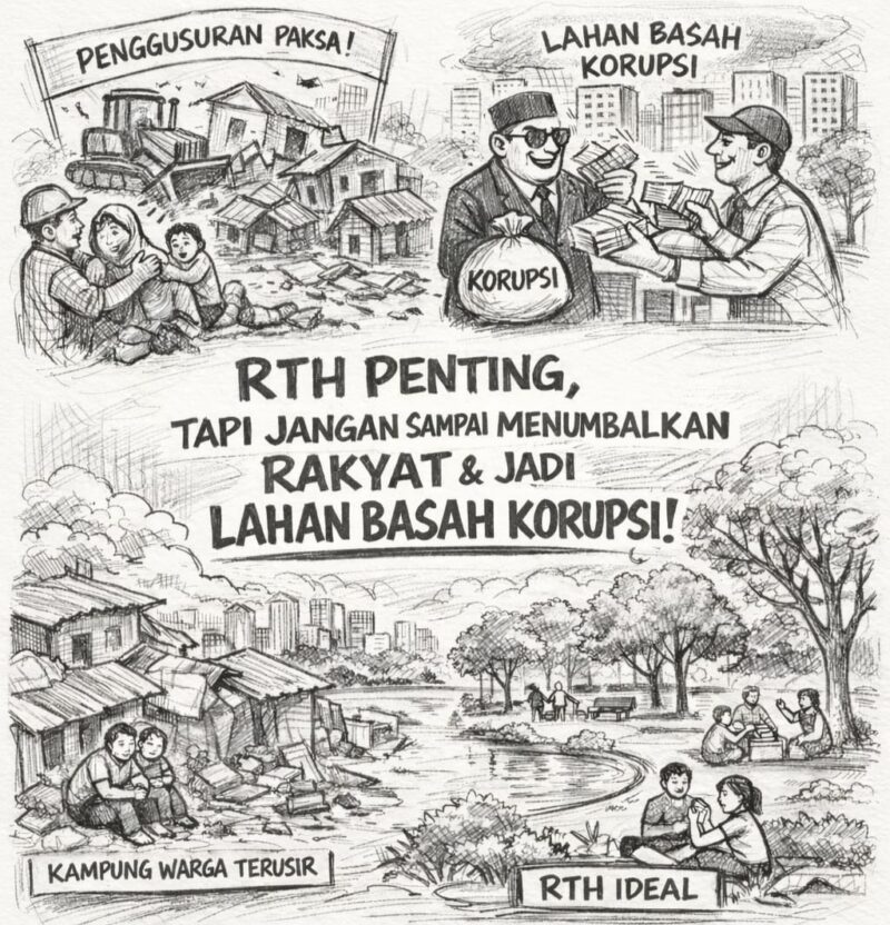 Foto: Ilustrasi kritik sosial terhadap pembangunan Ruang Terbuka Hijau (RTH) di Jakarta yang dinilai kerap mengorbankan warga melalui penggusuran paksa serta rawan disusupi praktik korupsi dalam pengadaan lahan