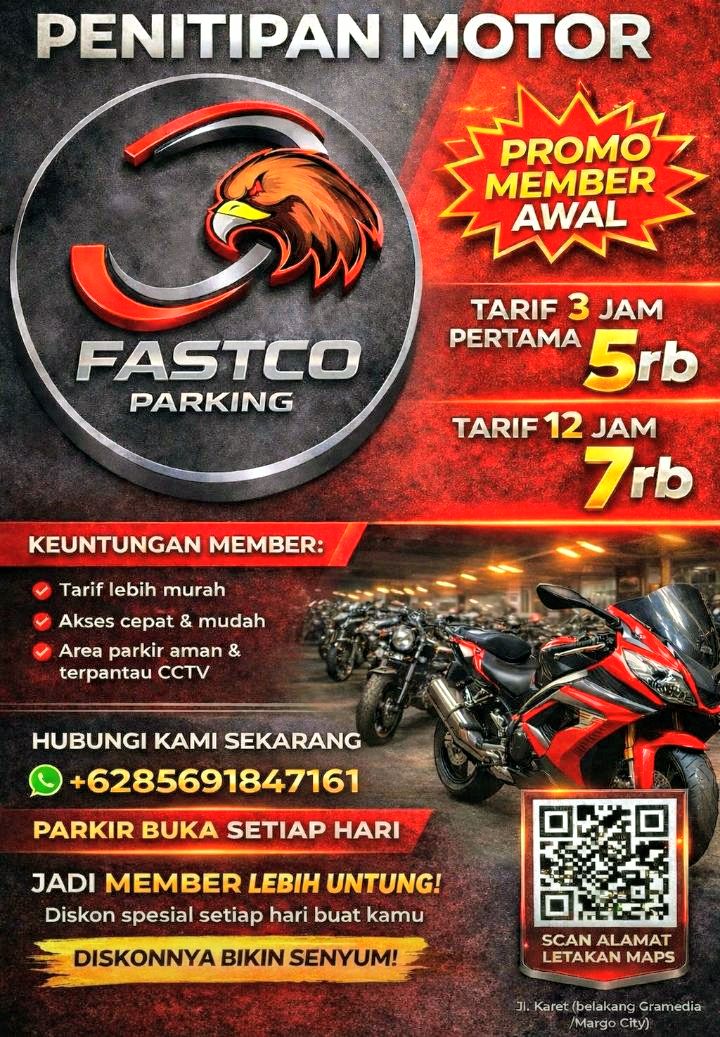 Foto: Fastco Parking yang dikelola oleh PT Fastco Adidaya Sentosa menghadirkan program promo menarik bagi pengguna kendaraan roda dua, khususnya bagi pelanggan yang mendaftar sebagai member.
Dalam program promosi terbarunya, dikutip, Sabtu (4/4/2026). (Dok-Istimewa)