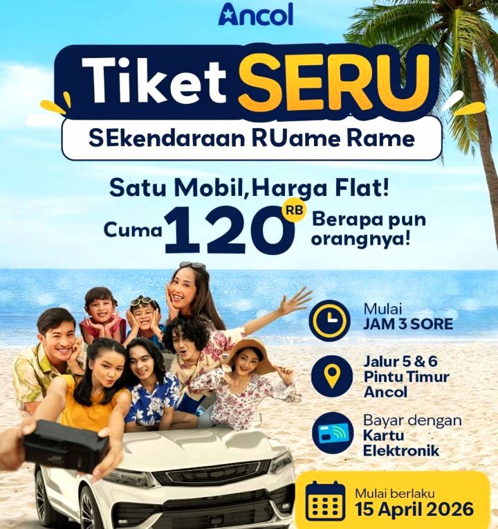 Foto: Taman Impian Jaya Ancol kembali meluncurkan program promosi untuk menarik minat wisatawan domestik. Mulai 15 April 2026, pengelola kawasan wisata tersebut memberlakukan tarif masuk flat sebesar Rp120.000 per mobil pribadi non-komersial, tanpa batasan jumlah penumpang di dalam kendaraan, Jumat (17/4/2026). (Dok-Istimewa)