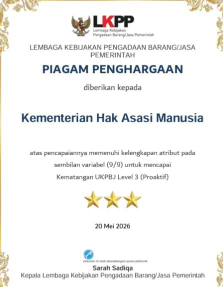 Kementerian Hak Asasi Manusia (KemenHAM) berhasil meraih penghargaan dari Lembaga Kebijakan Pengadaan Barang/Jasa Pemerintah (LKPP) atas capaian Kematangan Unit Kerja Pengadaan Barang/Jasa (UKPBJ) Level 3 dengan kategori Proaktif.