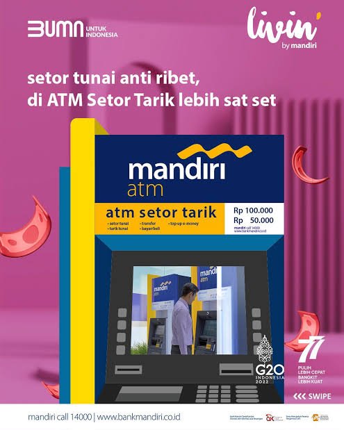 Foto: Ilustrasi layanan ATM Setor Tarik Bank Mandiri yang dipromosikan sebagai layanan transaksi praktis. Di tengah kemudahan layanan tersebut, nasabah perusahaan mengeluhkan prosedur pengurusan kartu ATM yang tertelan mesin karena dinilai berbelit dan tidak sinkron antara informasi customer service dengan persyaratan di kantor cabang. (Foto: Dok. Bank Mandiri)