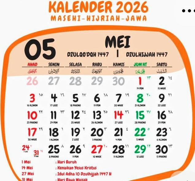 Foto: Ilustrasi kalender bulan Mei 2026. (Dok-pinterest)