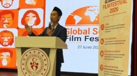 Foto: Naufal Ubaidillah, Presiden Global Youth Diplomacy Community in Türkiye, menyampaikan sambutan saat membuka Global South Film Festival 2026 di Çemberlitaş Gençlik Merkezi, Istanbul, Turki, Sabtu (27/6/2026).