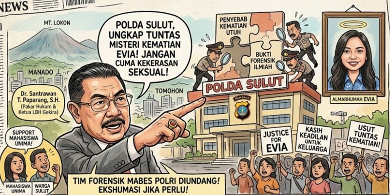 Foto: LBH Gekira meminta Polda Sulawesi Utara mengusut secara menyeluruh penyebab kematian Evia Maria Mangolo.