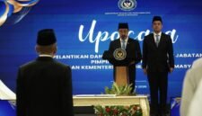 Menteri Imigrasi dan Pemasyarakatan Agus Andrianto melantik Rudi Setiawan sebagai Inspektur Jenderal (Irjen) Kementerian Imigrasi dan Pemasyarakatan (Kemenimipas) di Aula Jusuf Adiwinata, Gedung Kemenimipas, Jakarta, Kamis (16/7).