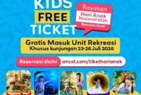 Foto: Flyer PT Pembangunan Jaya Ancol Tbk menghadirkan program Kids Free Ticket dalam rangka memperingati Hari Anak Nasional (HAN) 2026. (Dok-Istimewa)