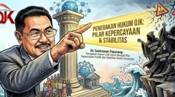Foto: Ilustrasi menampilkan Pakar Hukum Pidana sekaligus Ketua LBH Gekira, Dr. Santrawan T. Paparang, yang menekankan pentingnya penegakan hukum di Otoritas Jasa Keuangan (OJK) sebagai pilar utama dalam menjaga kepercayaan publik dan stabilitas sistem keuangan nasional.