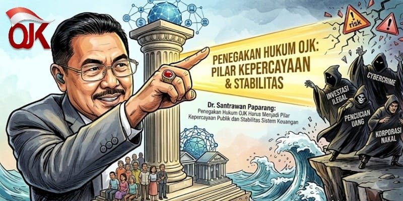 Foto: Ilustrasi menampilkan Pakar Hukum Pidana sekaligus Ketua LBH Gekira, Dr. Santrawan T. Paparang, yang menekankan pentingnya penegakan hukum di Otoritas Jasa Keuangan (OJK) sebagai pilar utama dalam menjaga kepercayaan publik dan stabilitas sistem keuangan nasional.