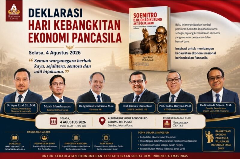 Foto: Nusantara Centre menggelar Deklarasi Hari Kebangkitan Ekonomi Pancasila yang dirangkaikan dengan peluncuran buku Soemitro Djojohadikusumo Anti Penjajahan: Pergolakan Pemikiran Ekonomi Politik Indonesia serta Simposium Nasional bertema Merumuskan Arsitektur Perekonomian Indonesia Abad ke-21 di Auditorium Yusuf Ronodipuro, RRI Pusat, Gambir, Jakarta Pusat.