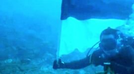 Foto: Romo Kolonel (Purn.) Sus. Yoseph Maria Marcelinus Bintoro, Pr., mengibarkan Bendera Merah Putih di bawah laut perairan Pulau Mimita, seberang Pulau Morotai, Maluku Utara, Senin (17/8/2026).