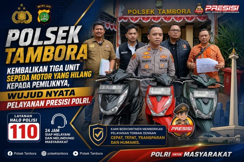 Foto: JAKARTA BARAT — Polsek Tambora mengembalikan tiga unit sepeda motor hasil pengungkapan kasus pencurian kendaraan bermotor (ranmor) kepada pemilik sah, Rabu (19/8/2026).