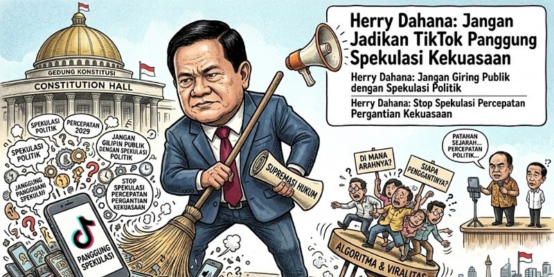 Foto: Pesan untuk menjaga demokrasi tetap berpijak pada konstitusi divisualisasikan dalam ilustrasi yang menampilkan Herry Dahana menyuarakan penolakan terhadap spekulasi politik di media sosial.