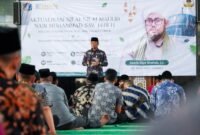 Foto: Wali Kota Administrasi Jakarta Timur Munjirin memberikan sambutan pada kegiatan Aktualisasi Nilai-Nilai Maulid Nabi Muhammad SAW 1448 H di Masjid Baitul Muhyi, Kantor Wali Kota Jakarta Timur, Kamis (3/9/2026).