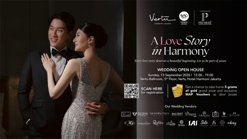 Foto: Vertu dan Yello Hotel Harmoni Jakarta akan menggelar Wedding Open House “A Love Story in Harmony” pada Minggu, 13 September 2026. Kegiatan yang berkolaborasi dengan Premier Wedding Planner ini berlangsung pukul 12.00–19.00 WIB di Vertu Ballroom, lantai 5 Vertu Hotel Harmoni Jakarta.