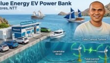 Foto: Ilustrasi konsep Blue Energy EV Power Bank yang memanfaatkan energi arus laut di kawasan Flores, Nusa Tenggara Timur (NTT). Konsep ini mengintegrasikan tidal current turbine, penyimpanan energi berbasis baterai atau Battery Energy Storage System (BESS), serta fasilitas pengisian kendaraan listrik dan kapal listrik.
