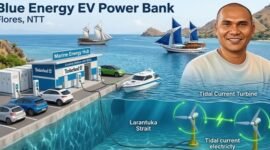 Foto: Ilustrasi konsep Blue Energy EV Power Bank yang memanfaatkan energi arus laut di kawasan Flores, Nusa Tenggara Timur (NTT). Konsep ini mengintegrasikan tidal current turbine, penyimpanan energi berbasis baterai atau Battery Energy Storage System (BESS), serta fasilitas pengisian kendaraan listrik dan kapal listrik.