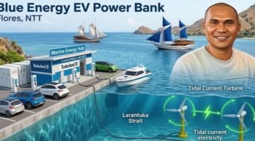 Foto: Ilustrasi konsep Blue Energy EV Power Bank yang memanfaatkan energi arus laut di kawasan Flores, Nusa Tenggara Timur (NTT). Konsep ini mengintegrasikan tidal current turbine, penyimpanan energi berbasis baterai atau Battery Energy Storage System (BESS), serta fasilitas pengisian kendaraan listrik dan kapal listrik.