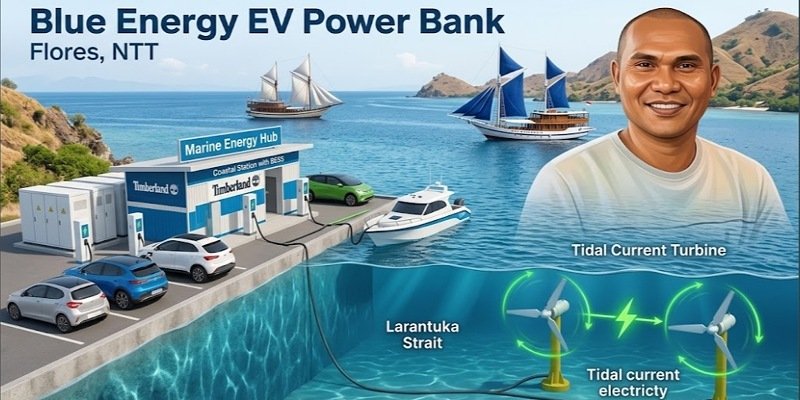 Foto: Ilustrasi konsep Blue Energy EV Power Bank yang memanfaatkan energi arus laut di kawasan Flores, Nusa Tenggara Timur (NTT). Konsep ini mengintegrasikan tidal current turbine, penyimpanan energi berbasis baterai atau Battery Energy Storage System (BESS), serta fasilitas pengisian kendaraan listrik dan kapal listrik.
