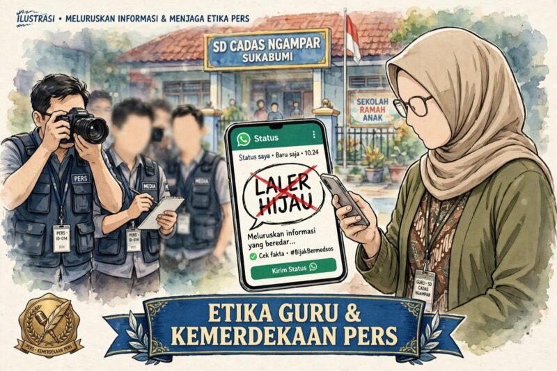 Foto: Ilustrasi menggambarkan polemik unggahan status WhatsApp yang diduga menyebut wartawan dengan istilah “laler hejo” setelah tim wartawan melakukan konfirmasi terkait program revitalisasi sekolah di SD Cadas Ngampar, Kabupaten Sukabumi.