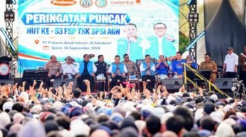 Foto: Puncak Acara HUT ke-53 Federasi Serikat Pekerja Tekstil, Sandang dan Kulit (FSP TSK) KSPSI AGN di PT Pratama Abadi Industri, Kabupaten Sukabumi, Jawa Barat, Senin (14/9/2026). (Dok: Istimewa)