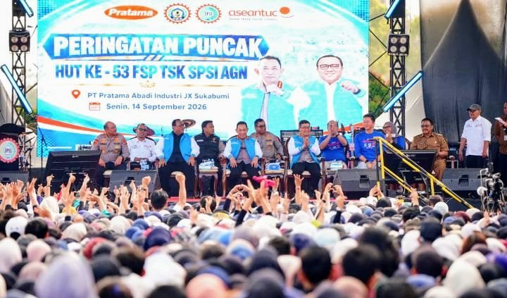 Foto: Puncak Acara HUT ke-53 Federasi Serikat Pekerja Tekstil, Sandang dan Kulit (FSP TSK) KSPSI AGN di PT Pratama Abadi Industri, Kabupaten Sukabumi, Jawa Barat, Senin (14/9/2026). (Dok: Istimewa)