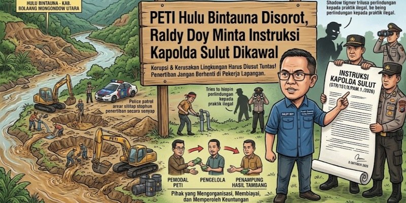 Foto: Ilustrasi aktivitas pertambangan emas tanpa izin (PETI) di kawasan Hulu Bintauna, Kabupaten Bolaang Mongondow Utara, yang menjadi sorotan. Pendiri Beranda Ruang Diskusi, Raldy Doy, meminta instruksi Kapolda Sulawesi Utara terkait penertiban PETI dan penyalahgunaan BBM bersubsidi dikawal secara konsisten.