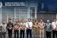 Foto: Hakim Pengawas dan Pengamat (Wasmat) Pengadilan Negeri Stabat bersama jajaran Rumah Tahanan Negara (Rutan) Tanjung Pura berfoto bersama usai kunjungan kerja di Rutan Tanjung Pura, Kabupaten Langkat, Sumatera Utara, Jumat (16/10/2026). 