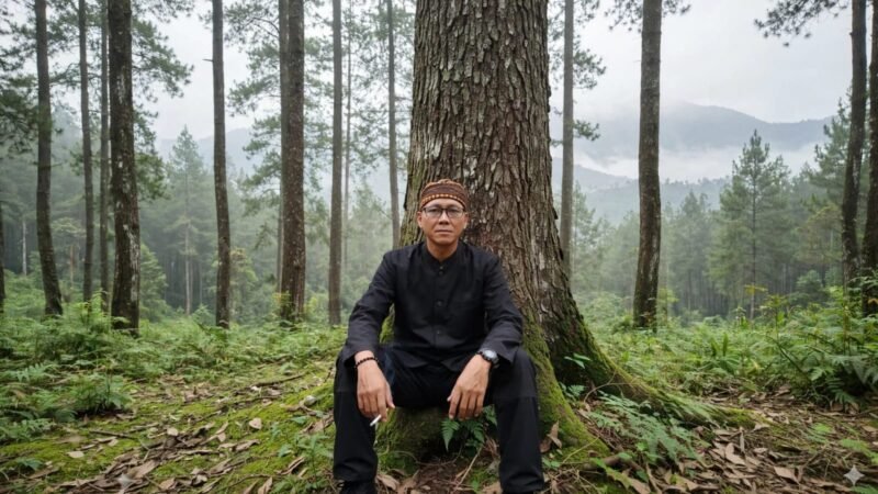Foto: Andy Java, pemerhati lingkungan dan budaya, berpose di kawasan hutan Gunung Tampomas, Sumedang, Jawa Barat.