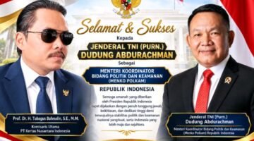 Foto: Komisaris Utama PT Kertas Nusantara Indonesia, Prof. Dr. H. Tubagus Bahrudin, S.E., M.M., menyampaikan ucapan selamat kepada Jenderal TNI (Purn.) Dudung Abdurachman atas kepercayaan yang diberikan Presiden Prabowo Subianto untuk mengemban amanah sebagai Menteri Koordinator Bidang Politik dan Keamanan (Menko Polkam) Republik Indonesia. (Istimewa)