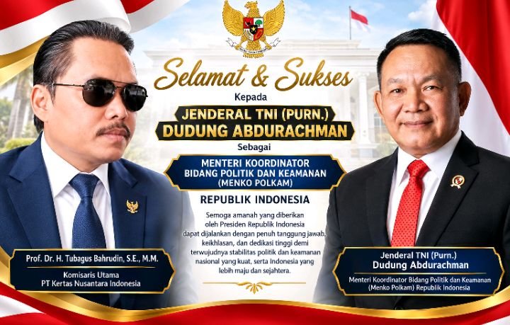 Foto: Komisaris Utama PT Kertas Nusantara Indonesia, Prof. Dr. H. Tubagus Bahrudin, S.E., M.M., menyampaikan ucapan selamat kepada Jenderal TNI (Purn.) Dudung Abdurachman atas kepercayaan yang diberikan Presiden Prabowo Subianto untuk mengemban amanah sebagai Menteri Koordinator Bidang Politik dan Keamanan (Menko Polkam) Republik Indonesia. (Istimewa)