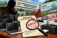 Foto: Ilustrasi berita “Pengadaan Laptop hingga Printer Proyek HDDAP Kementan Disorot” telah dibuat dengan gaya ilustrasi jurnalistik investigatif.