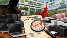 Foto: Ilustrasi berita “Pengadaan Laptop hingga Printer Proyek HDDAP Kementan Disorot” telah dibuat dengan gaya ilustrasi jurnalistik investigatif.