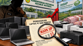 Foto: Ilustrasi berita “Pengadaan Laptop hingga Printer Proyek HDDAP Kementan Disorot” telah dibuat dengan gaya ilustrasi jurnalistik investigatif.