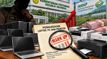 Foto: Ilustrasi berita “Pengadaan Laptop hingga Printer Proyek HDDAP Kementan Disorot” telah dibuat dengan gaya ilustrasi jurnalistik investigatif.