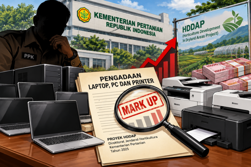 Foto: Ilustrasi berita “Pengadaan Laptop hingga Printer Proyek HDDAP Kementan Disorot” telah dibuat dengan gaya ilustrasi jurnalistik investigatif.